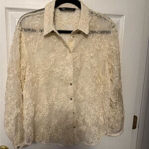 Zara Cream Floral Lace Button-Down Shirt